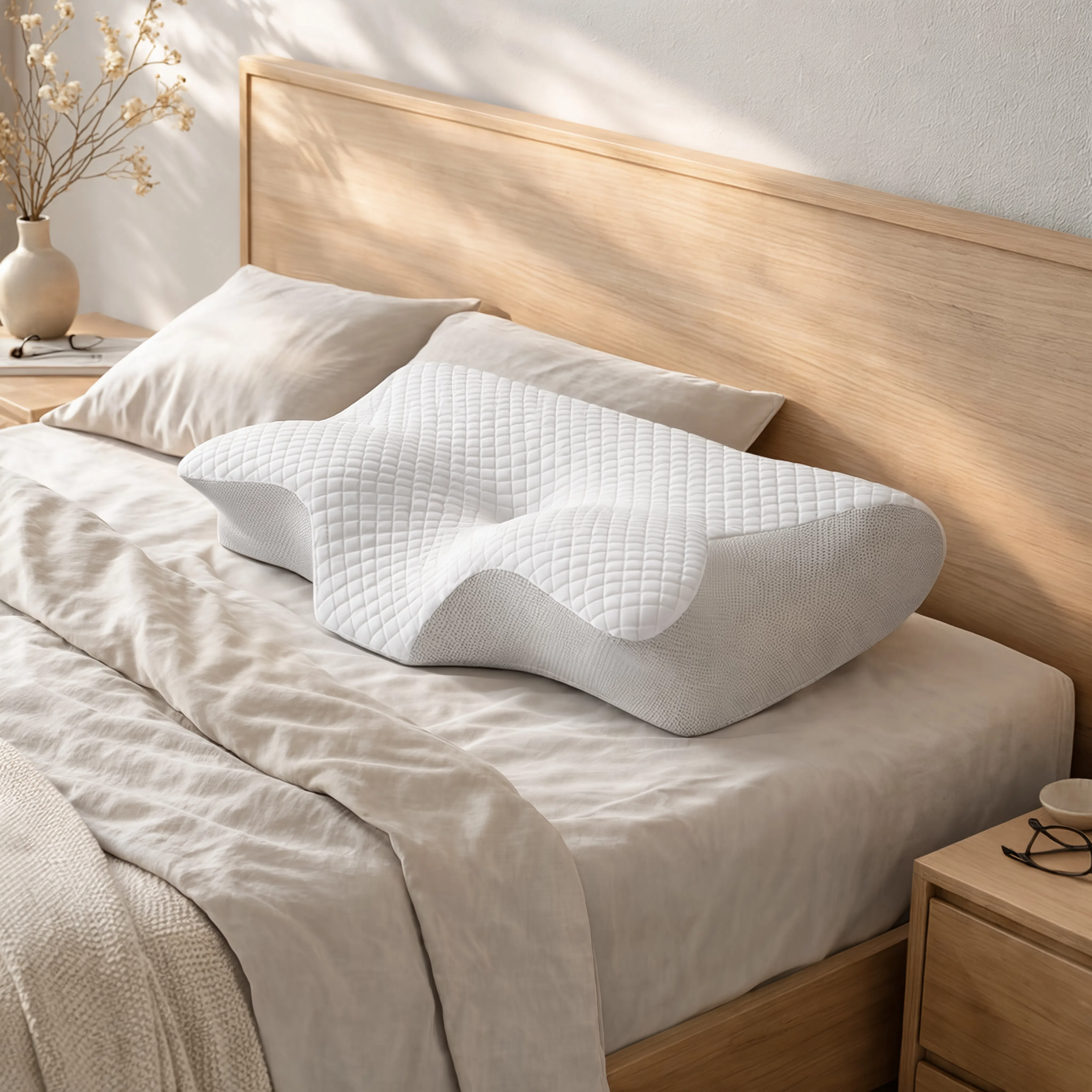 Oreiller cervical Cervéa CoolLounge — ambiance chambre chaleureuse, table de nuit