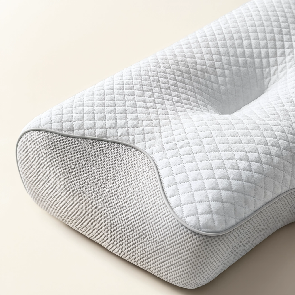 Détail mousse à mémoire de forme Cervéa — texture et contours ergonomiques, fond crème