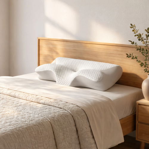 Oreiller cervical Cervéa CoolLounge posé contre tête de lit, lumière matinale dorée