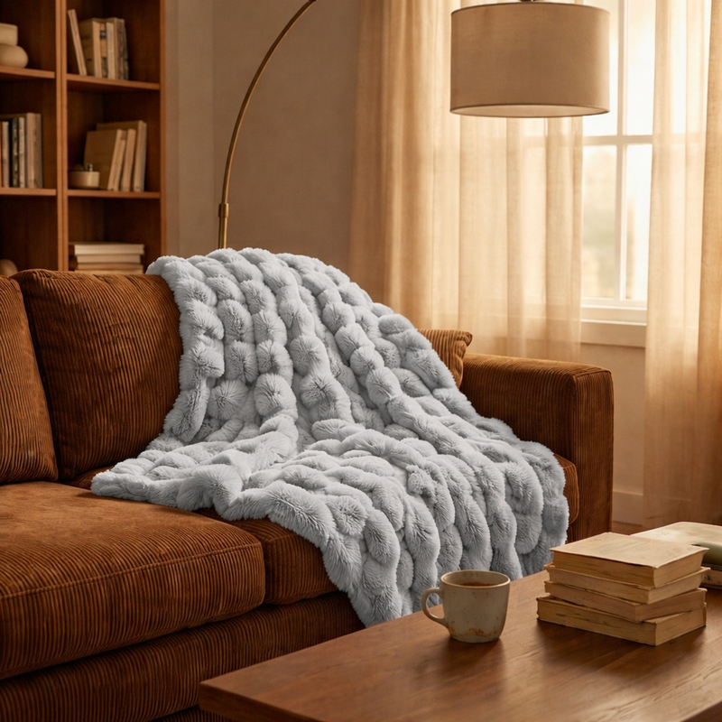Couverture fausse fourrure gris – plusieurs tailles disponibles — Vue 2